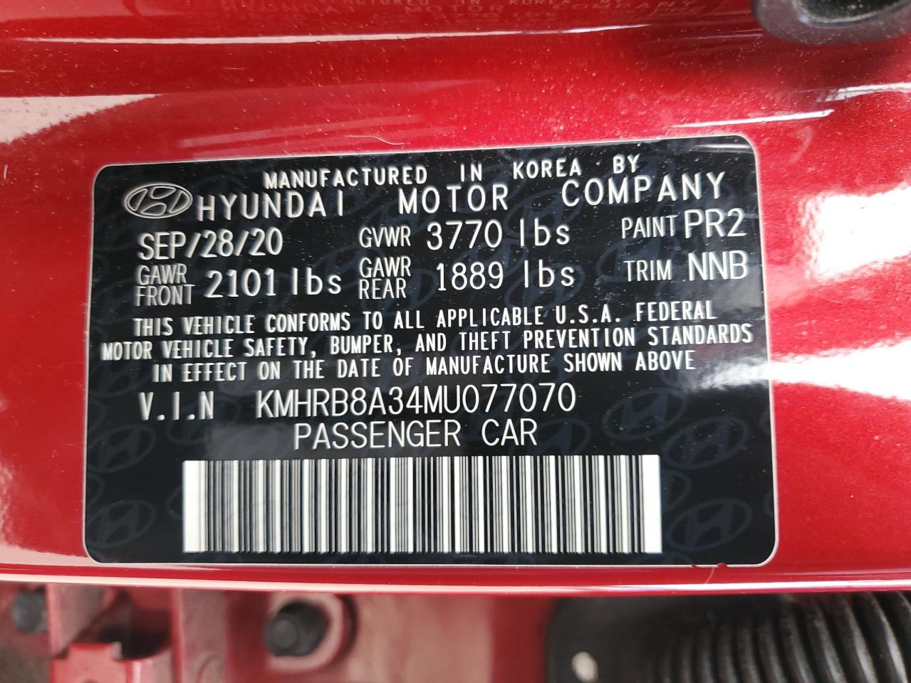 2021 Hyundai Venue Se VIN: KMHRB8A34MU077070 Lot: 82301935