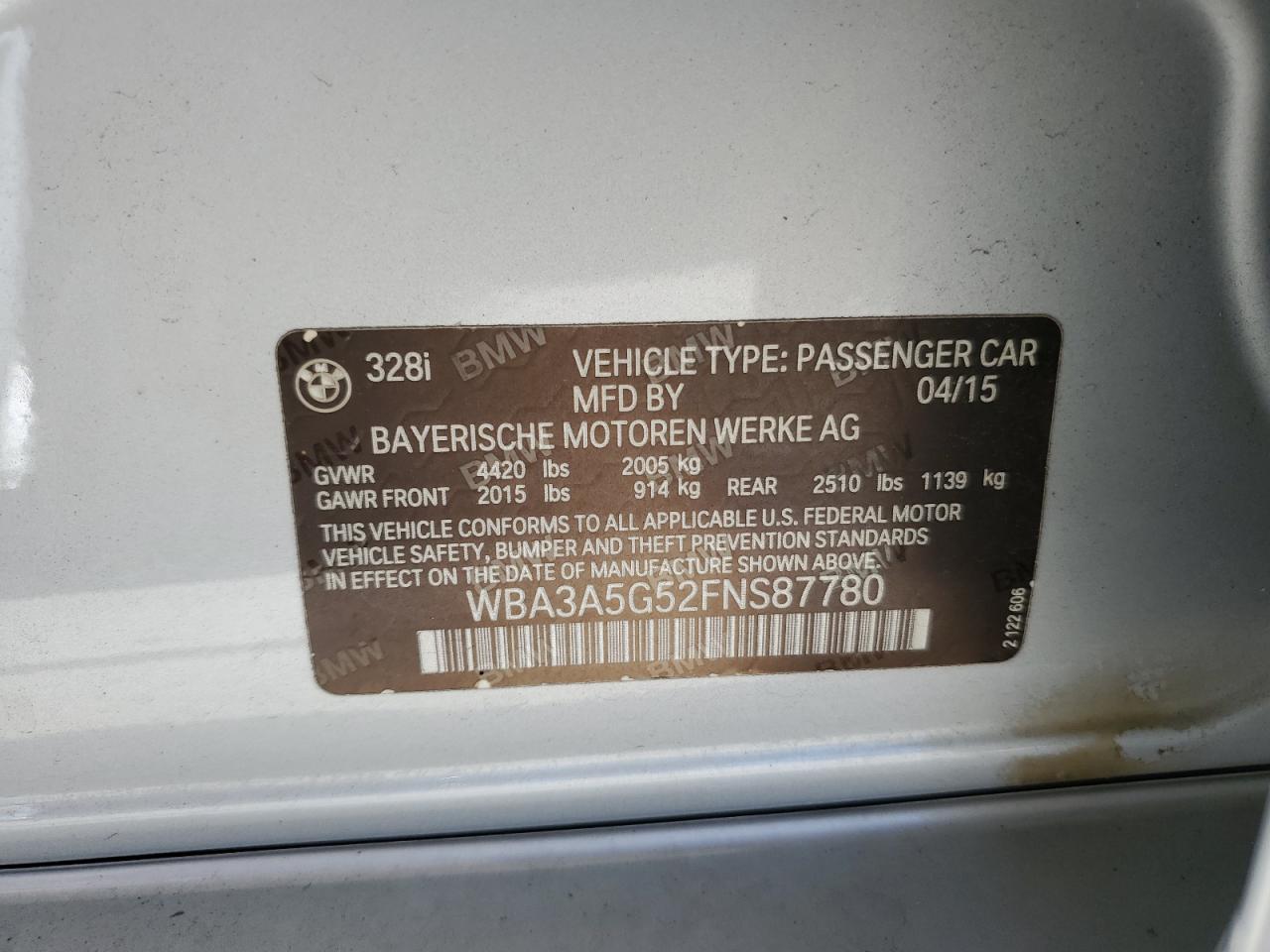 2015 BMW 328 I VIN: WBA3A5G52FNS87780 Lot: 87370415