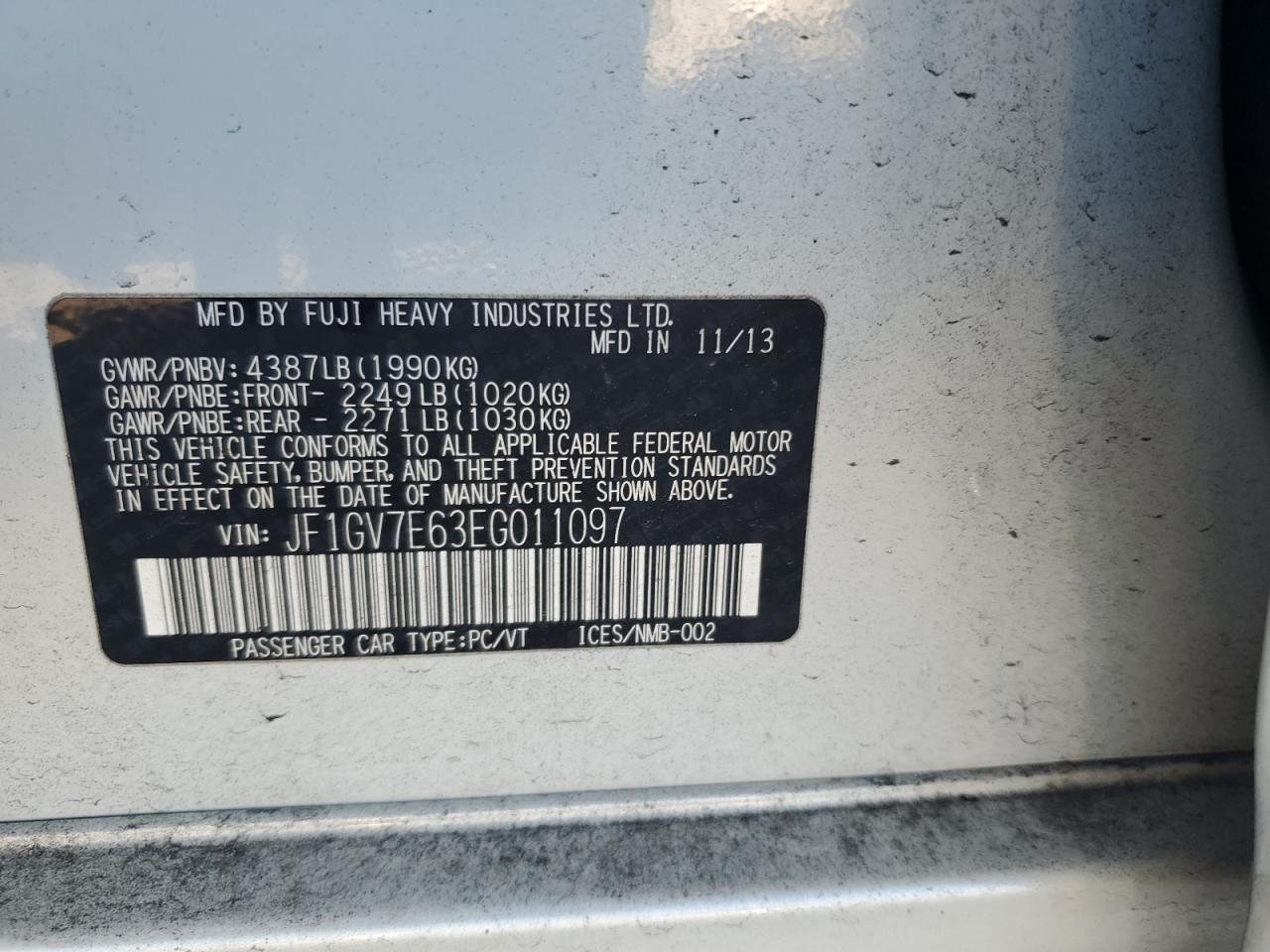 2014 Subaru Impreza Wrx VIN: JF1GV7E63EG011097 Lot: 82461995