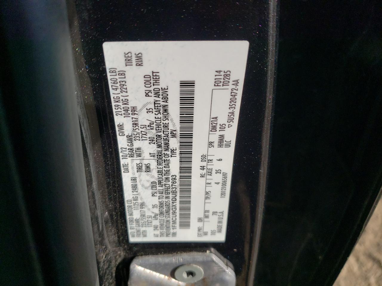 2013 Ford Escape Se VIN: 1FMCU9GX1DUB37693 Lot: 82241215