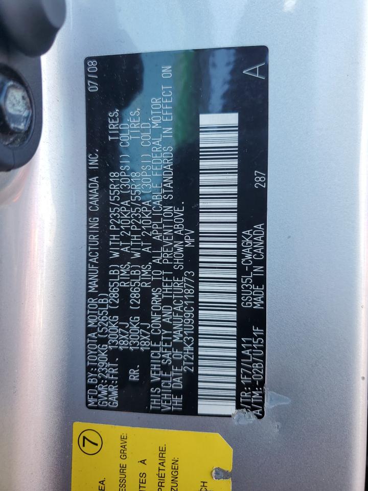 2009 Lexus Rx 350 VIN: 2T2HK31U99C118773 Lot: 89849285