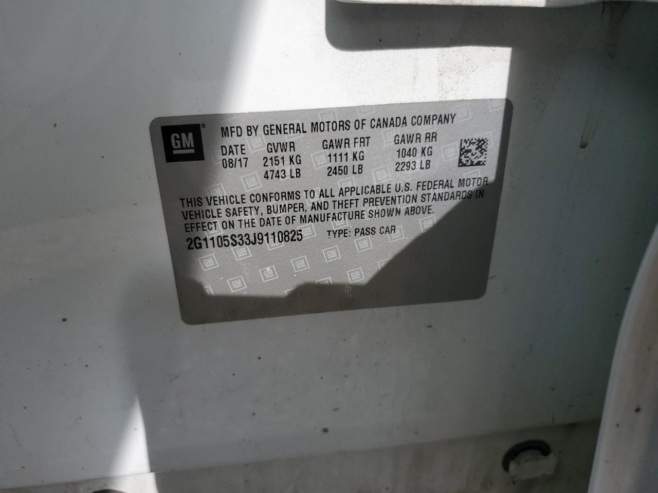 2018 Chevrolet Impala Lt VIN: 2G1105S33J9110825 Lot: 92209055