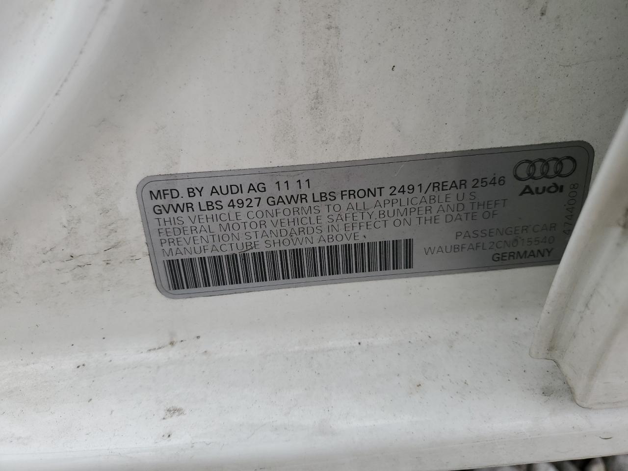 2012 Audi A4 Premium VIN: WAUBFAFL2CN015540 Lot: 84801015