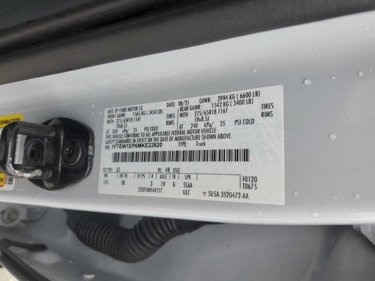 2021 Ford F150 Supercrew VIN: 1FTEW1EP6MKE22820 Lot: 90317205