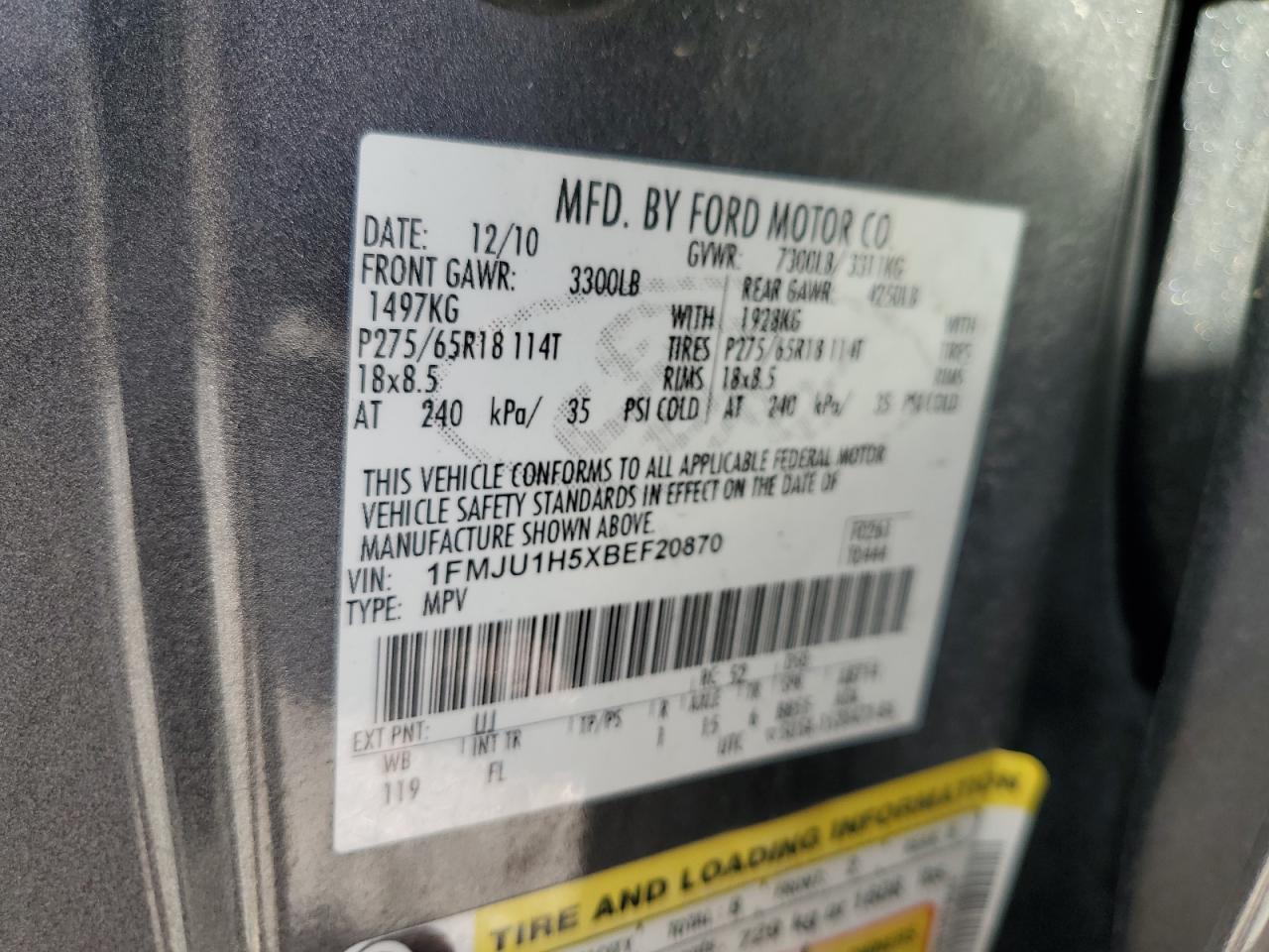 2011 Ford Expedition Xlt VIN: 1FMJU1H5XBEF20870 Lot: 85700265