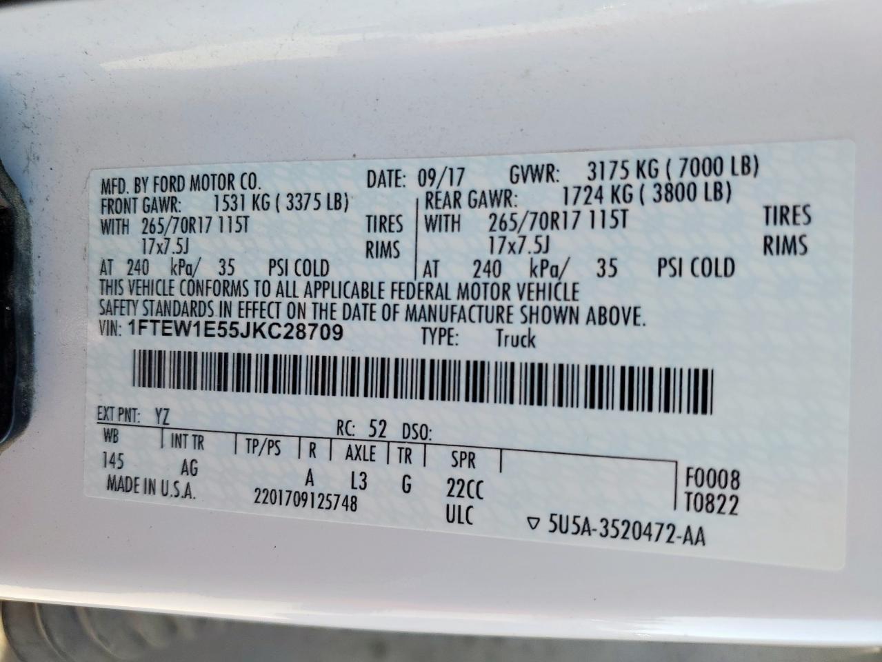 2018 Ford F150 Supercrew VIN: 1FTEW1E55JKC28709 Lot: 86091685