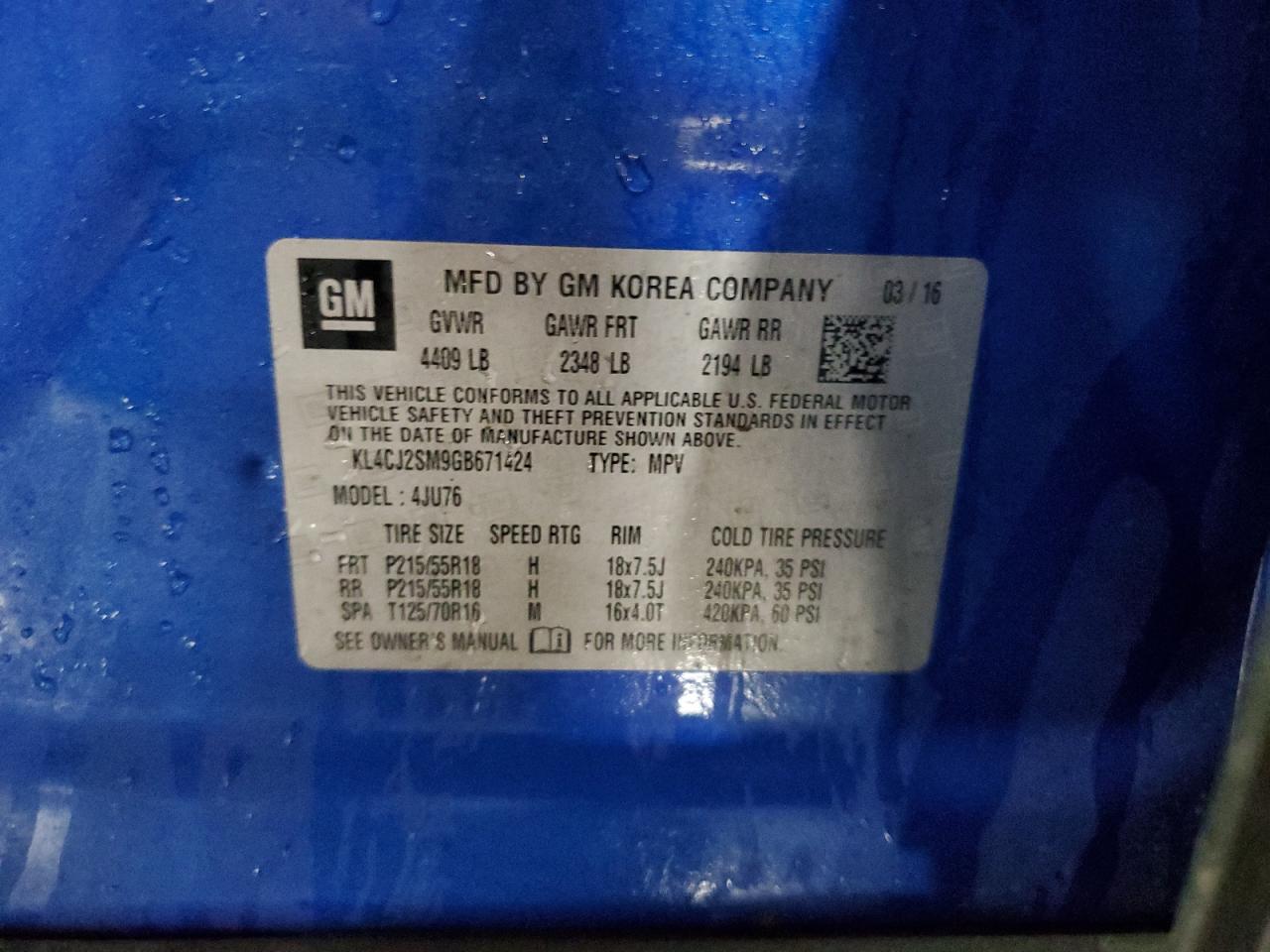 2016 Buick Encore Sport Touring VIN: KL4CJ2SM9GB671424 Lot: 86446985