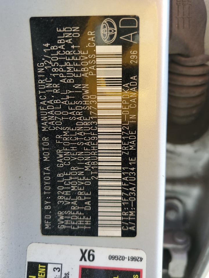 2015 Toyota Corolla L VIN: 2T1BURHE9FC317730 Lot: 89646435