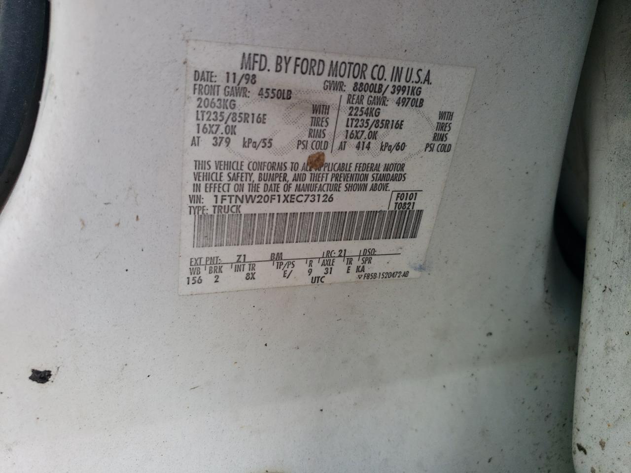 1999 Ford F250 Super Duty VIN: 1FTNW20F1XEC73126 Lot: 85263875