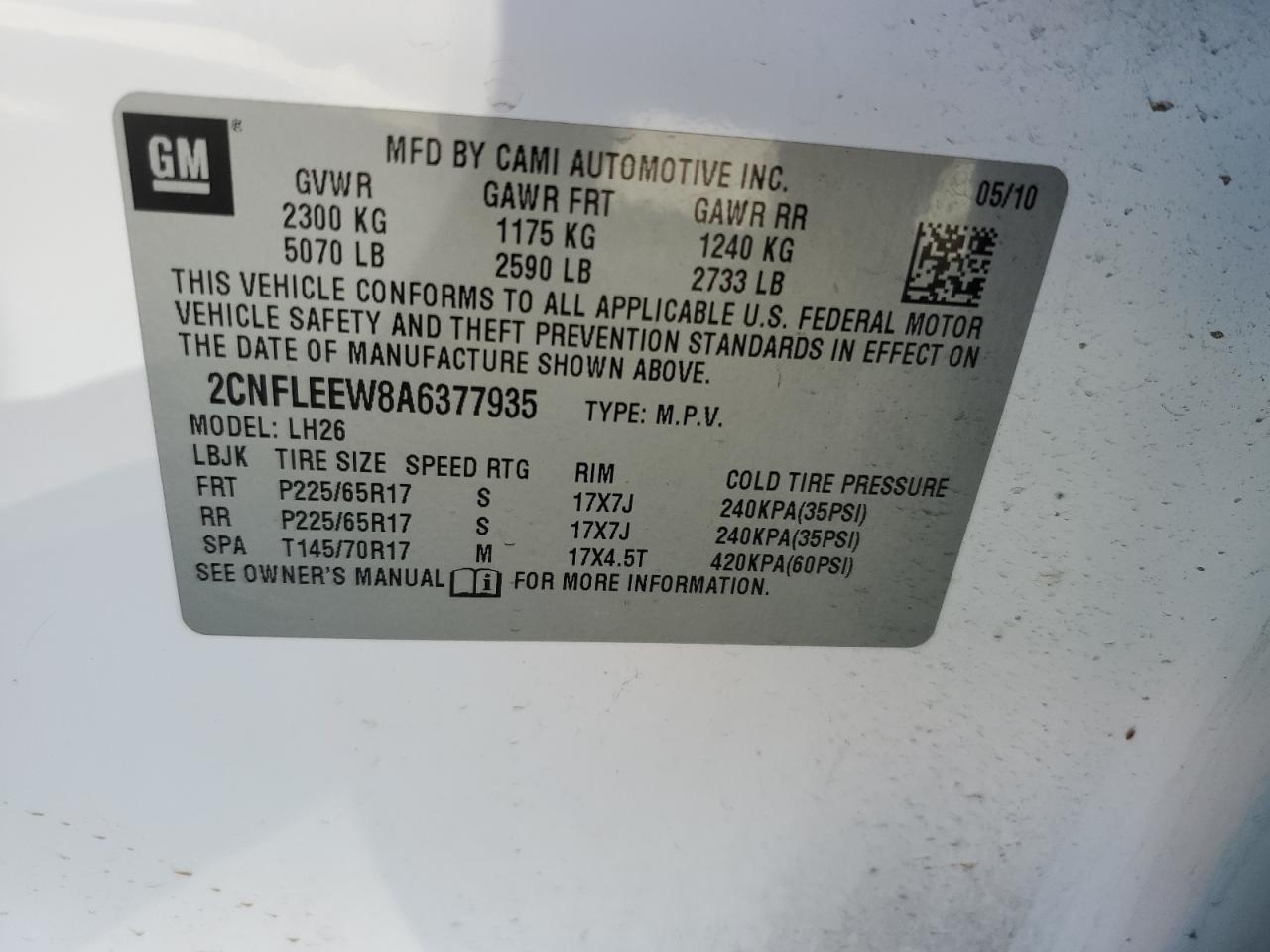 2010 Chevrolet Equinox Lt VIN: 2CNFLEEW8A6377935 Lot: 82329475