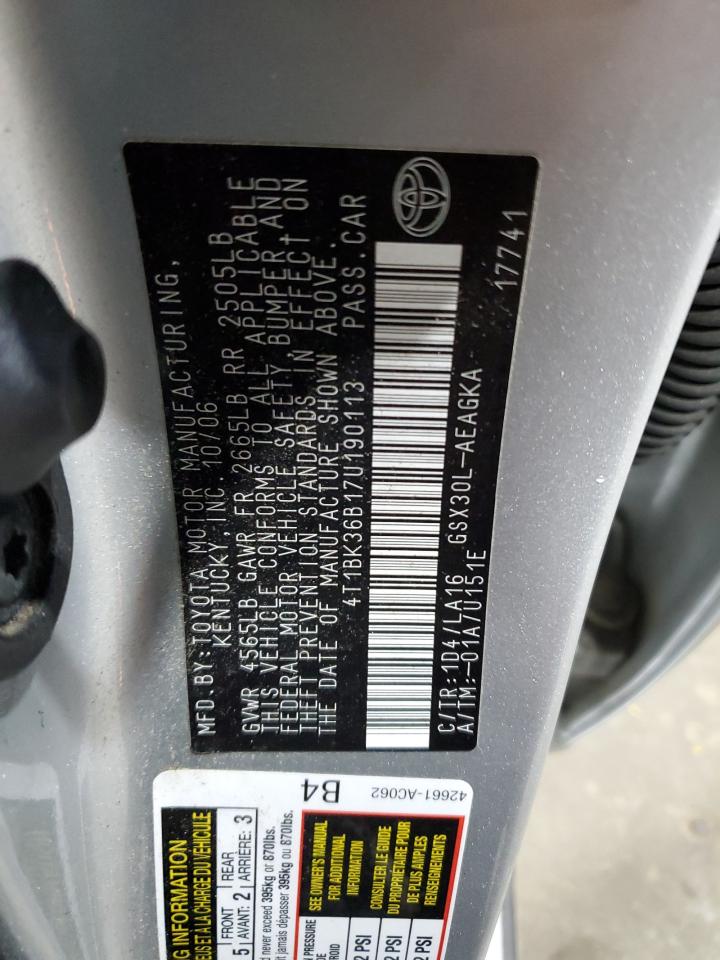 2007 Toyota Avalon Xl VIN: 4T1BK36B17U190113 Lot: 89932365