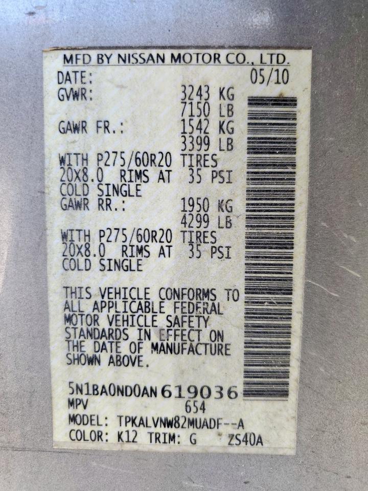 2010 Nissan Armada Se VIN: 5N1BA0ND0AN619036 Lot: 85495605