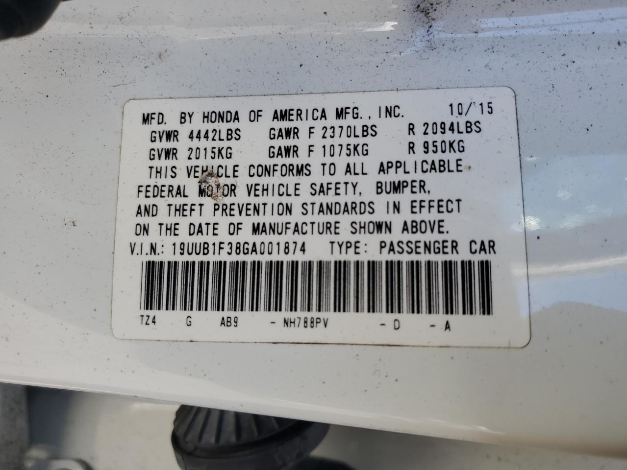 2016 Acura Tlx VIN: 19UUB1F38GA001874 Lot: 90662615