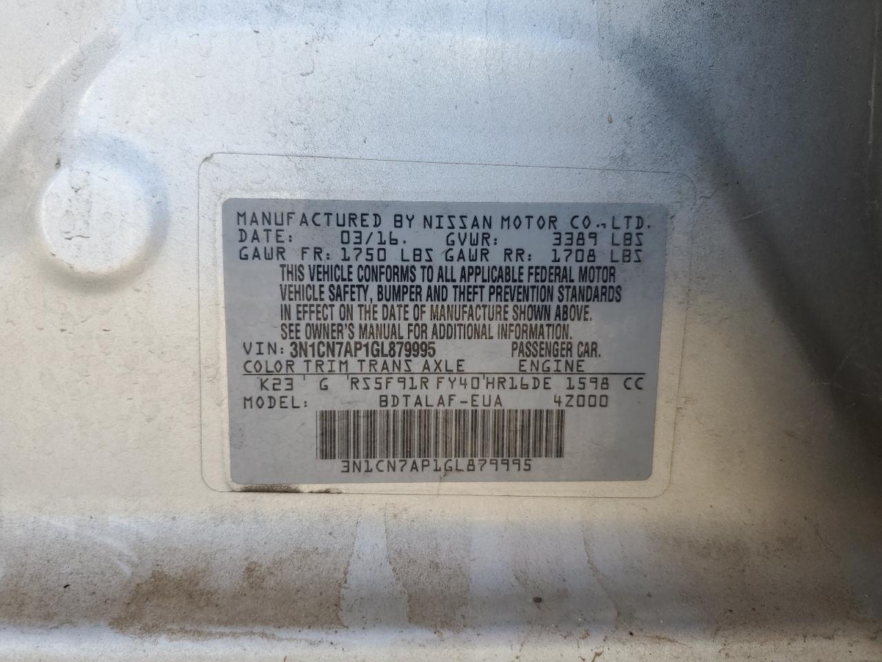2016 Nissan Versa S VIN: 3N1CN7AP1GL879995 Lot: 82295145