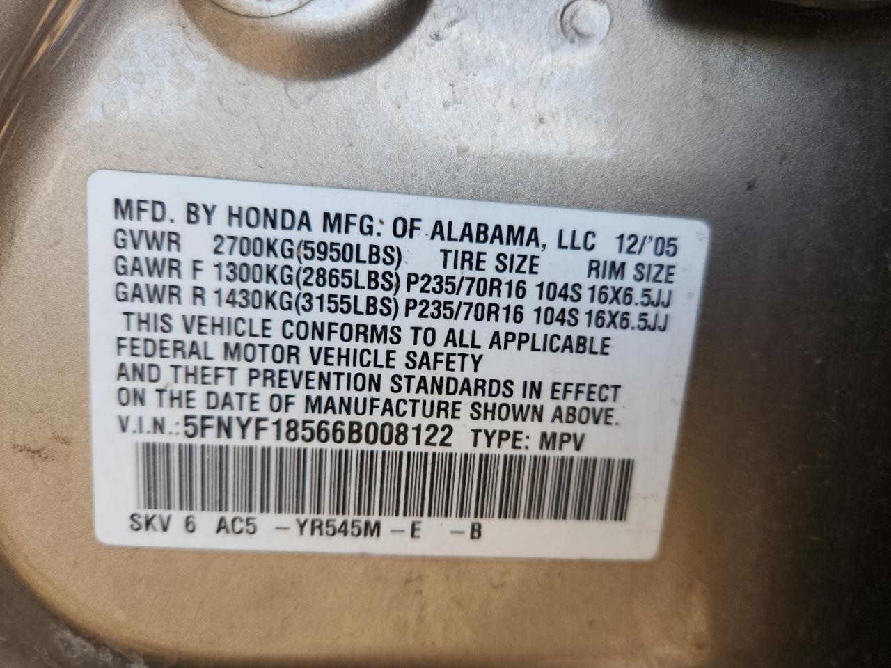 2006 Honda Pilot Ex VIN: 5FNYF18566B008122 Lot: 82221315