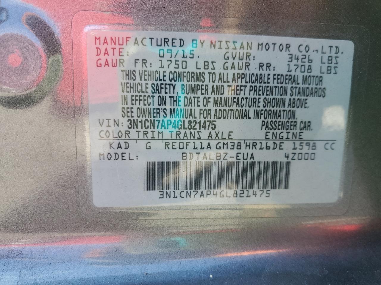 2016 Nissan Versa S VIN: 3N1CN7AP4GL821475 Lot: 86114395