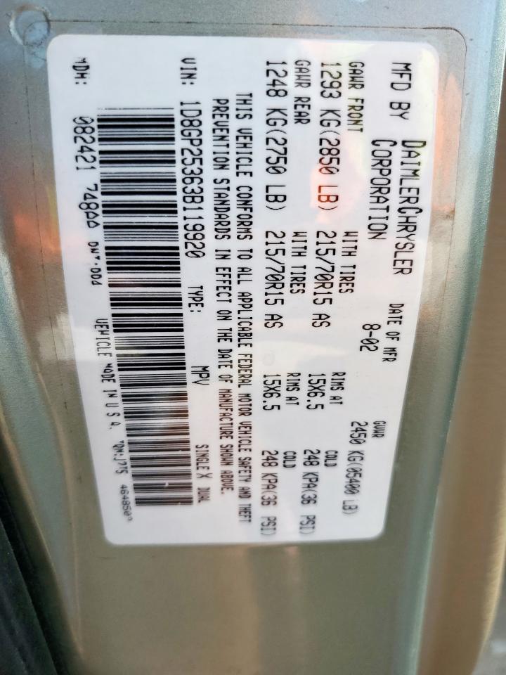 2003 Dodge Caravan Se VIN: 1D8GP25363B119920 Lot: 86228305