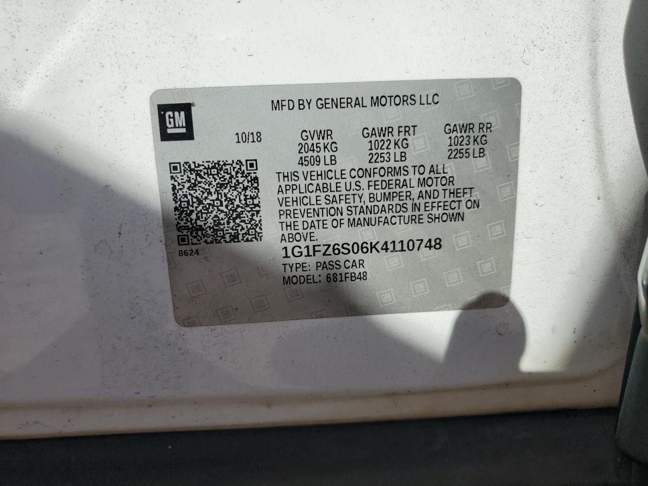 2019 Chevrolet Bolt Ev Premier VIN: 1G1FZ6S06K4110748 Lot: 89535855