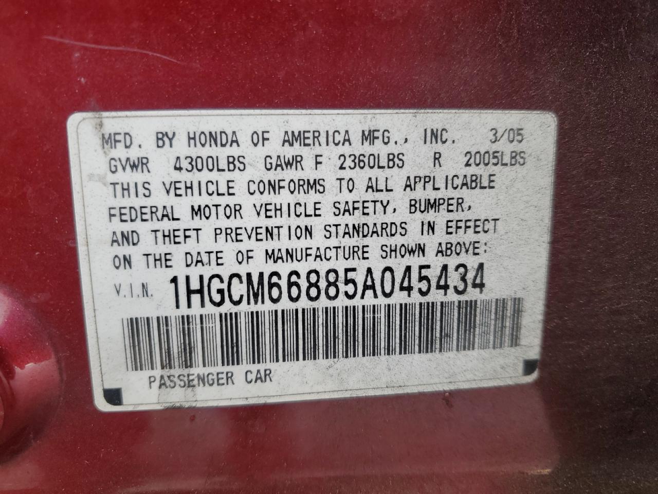 2005 Honda Accord Ex VIN: 1HGCM66885A045434 Lot: 85013655