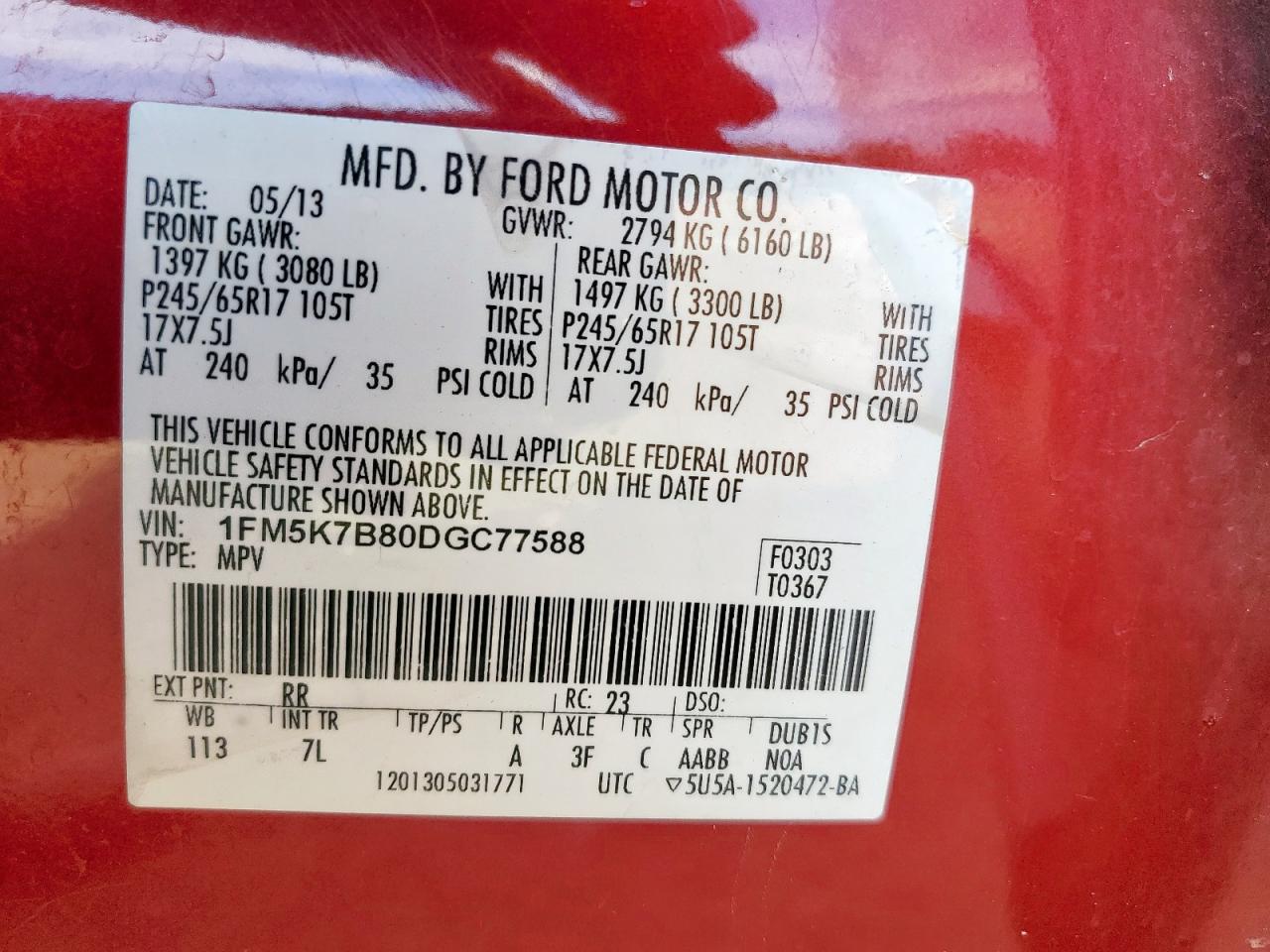 2013 Ford Explorer VIN: 1FM5K7B80DGC77588 Lot: 85747685