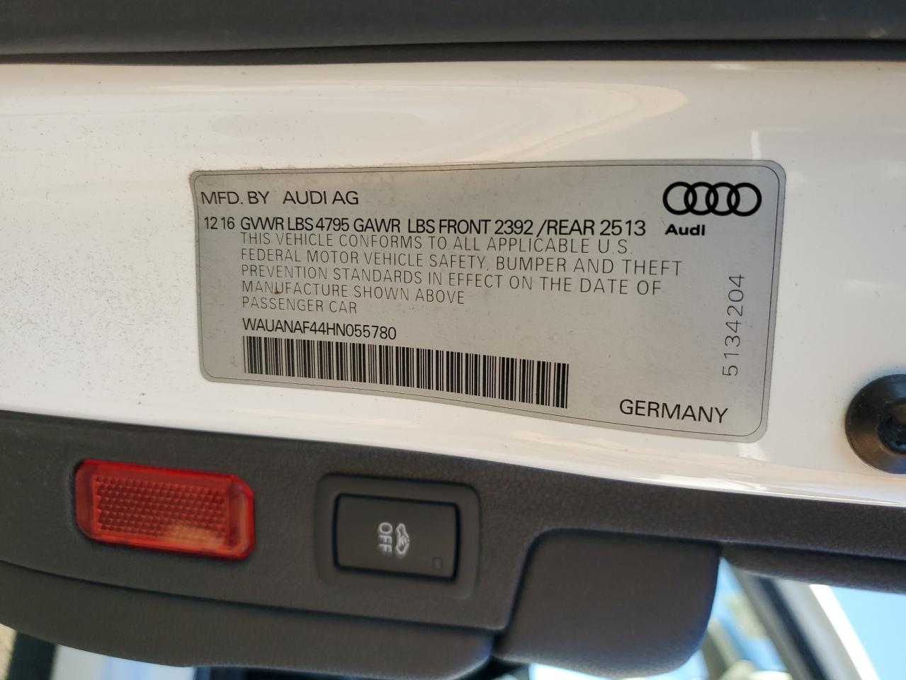 2017 Audi A4 Premium VIN: WAUANAF44HN055780 Lot: 82674395
