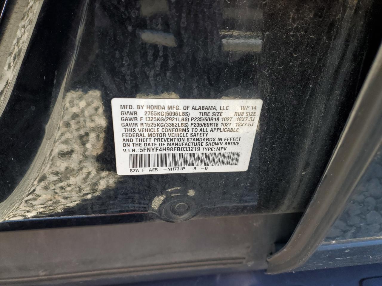 2015 Honda Pilot Touring VIN: 5FNYF4H98FB033219 Lot: 84537025