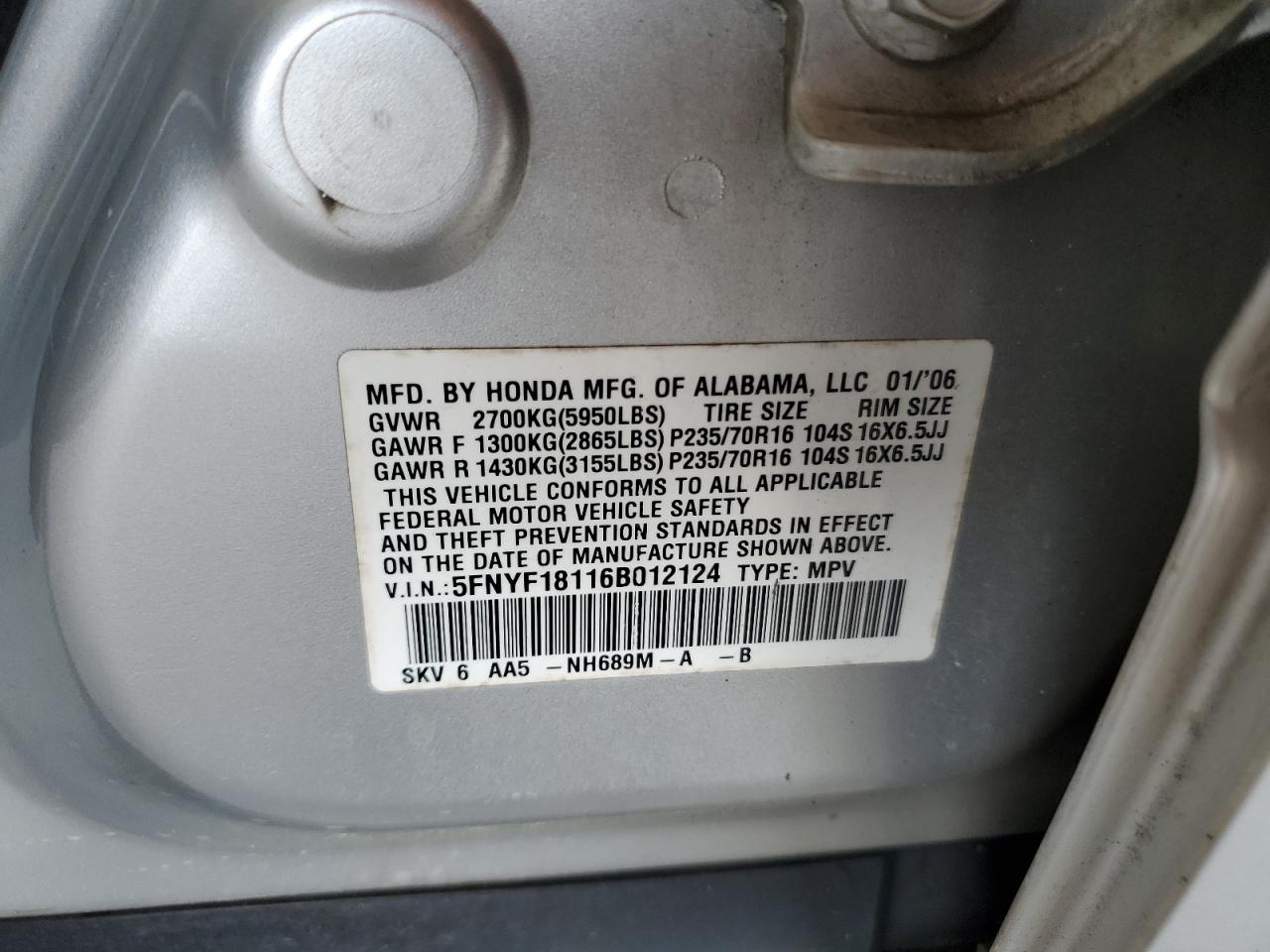 2006 Honda Pilot Lx VIN: 5FNYF18116B012124 Lot: 82311145