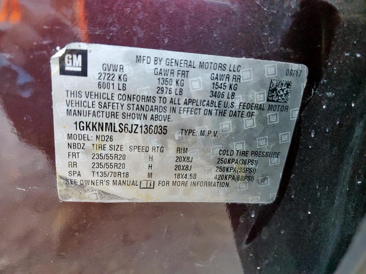 2018 GMC Acadia Slt-1 VIN: 1GKKNMLS6JZ136035 Lot: 90594515
