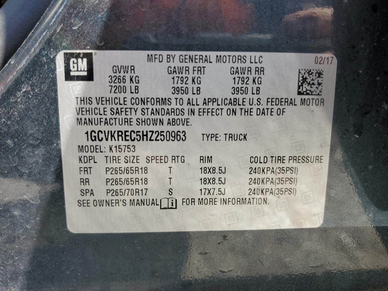 2017 Chevrolet Silverado K1500 Lt VIN: 1GCVKREC5HZ250963 Lot: 82212165