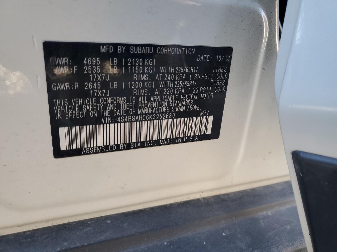 2019 Subaru Outback 2.5I Premium VIN: 4S4BSAHC6K3252680 Lot: 85077745