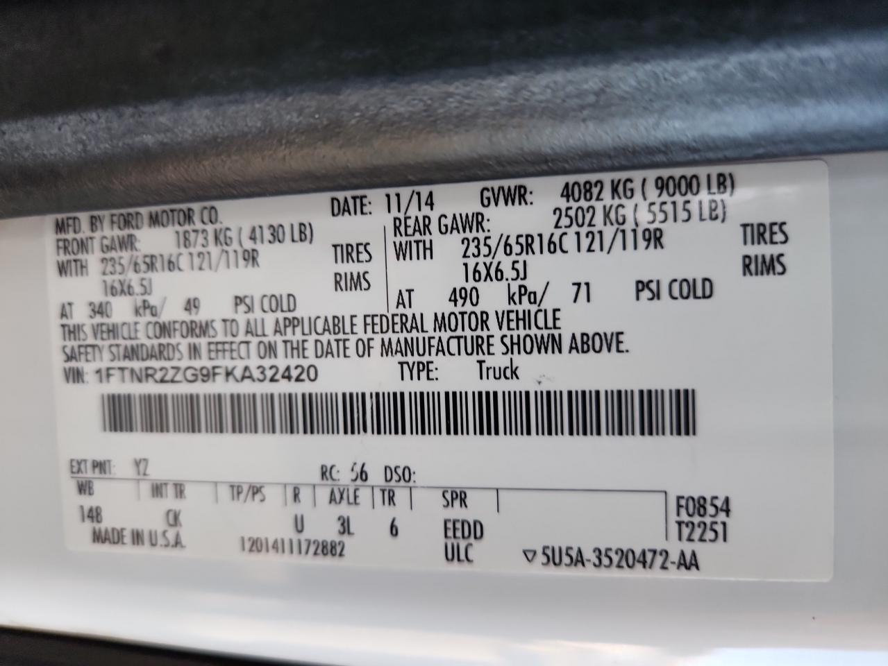 2015 Ford Transit T-250 VIN: 1FTNR2ZG9FKA32420 Lot: 90383965