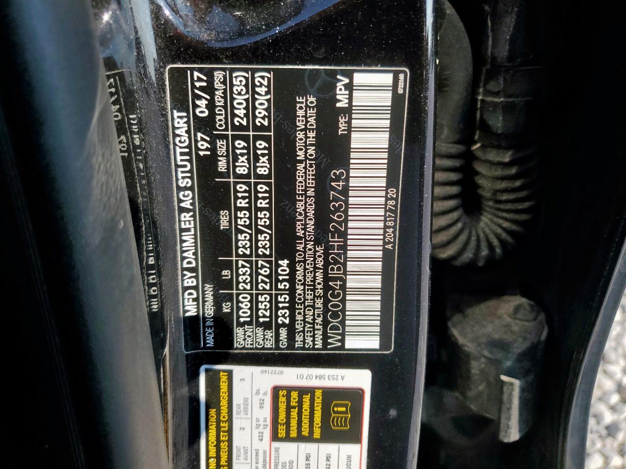 2017 Mercedes-Benz Glc 300 VIN: WDC0G4JB2HF263743 Lot: 81179955