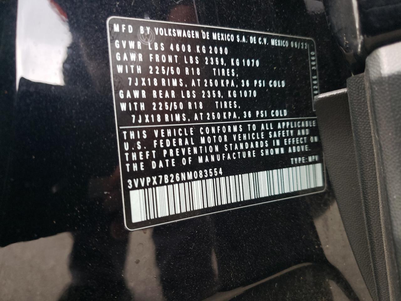 2022 Volkswagen Taos Se Iq Drive VIN: 3VVPX7B26NM083554 Lot: 86318885