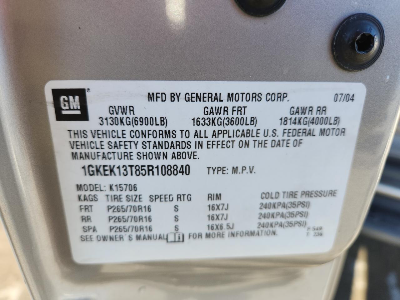 2005 GMC Yukon VIN: 1GKEK13T85R108840 Lot: 87410595