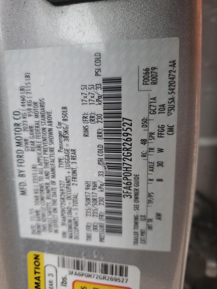 2016 Ford Fusion Se VIN: 3FA6P0H72GR269527 Lot: 87418505