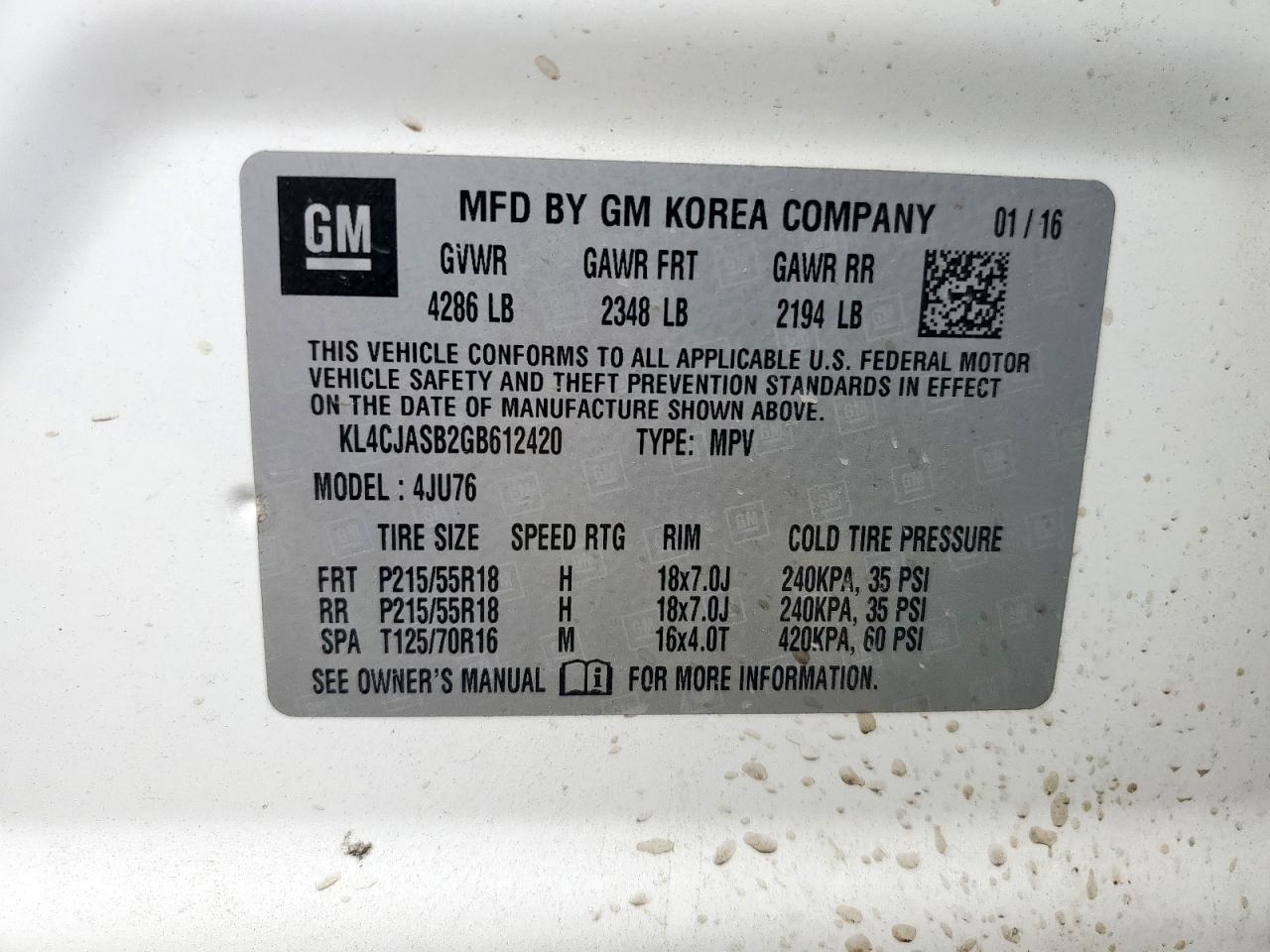 2016 Buick Encore VIN: KL4CJASB2GB612420 Lot: 85591995