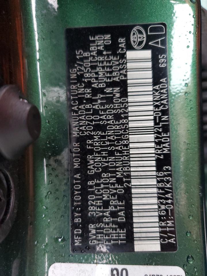 2016 Toyota Corolla L VIN: 2T1BURHE8GC581250 Lot: 84172085