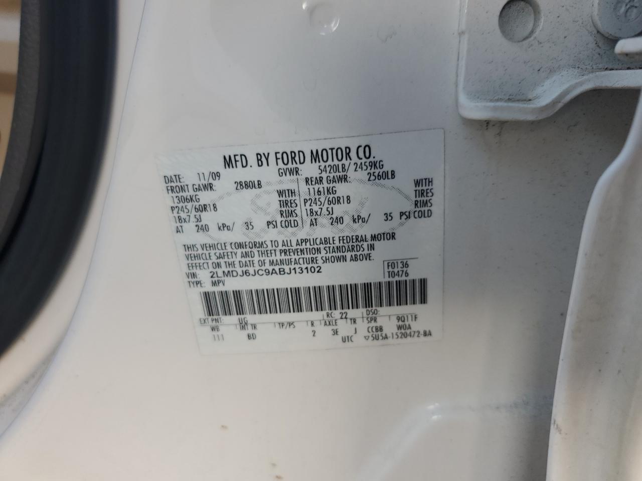 2010 Lincoln Mkx VIN: 2LMDJ6JC9ABJ13102 Lot: 85486135