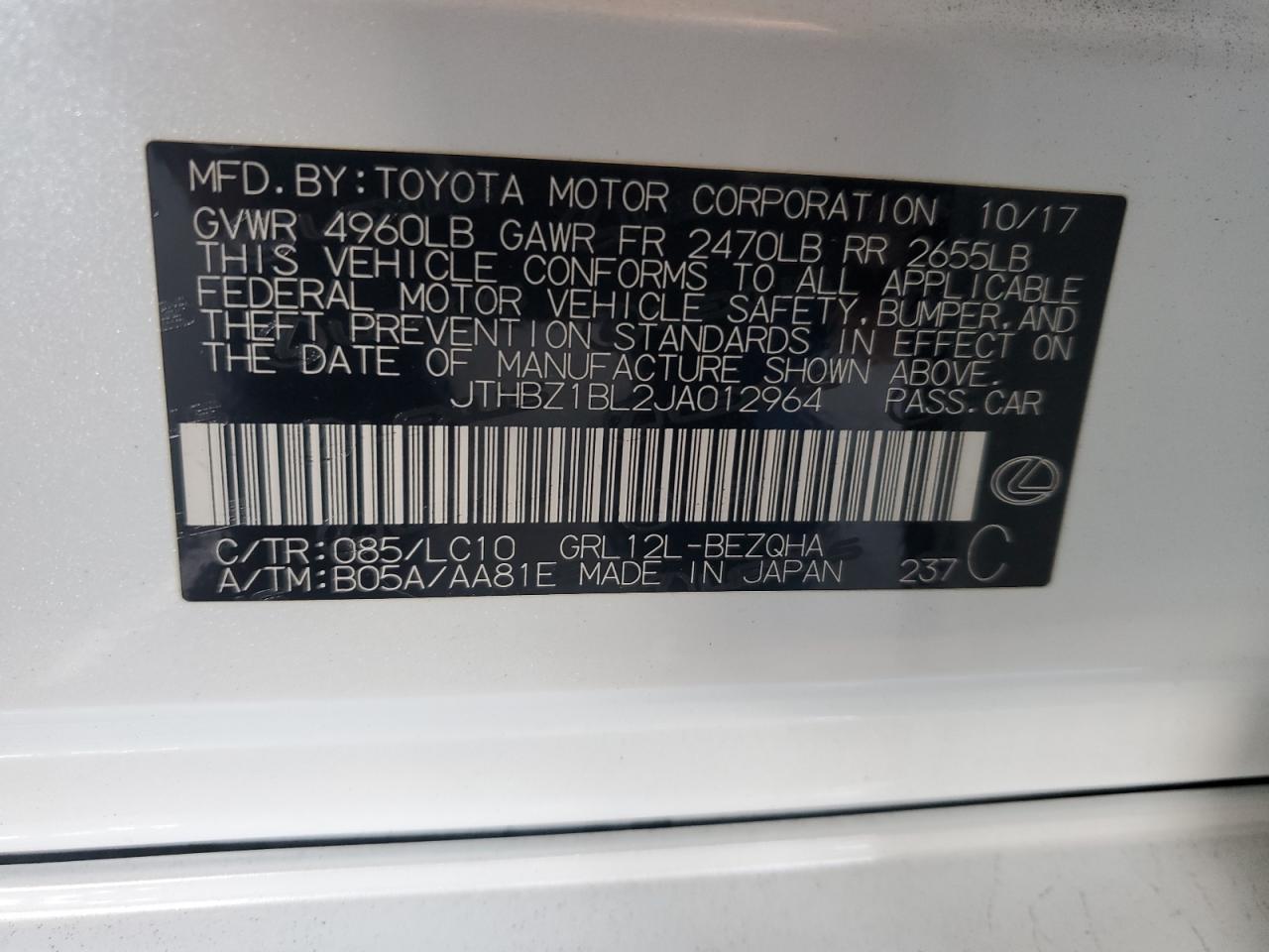 2018 Lexus Gs 350 Base VIN: JTHBZ1BL2JA012964 Lot: 82785045