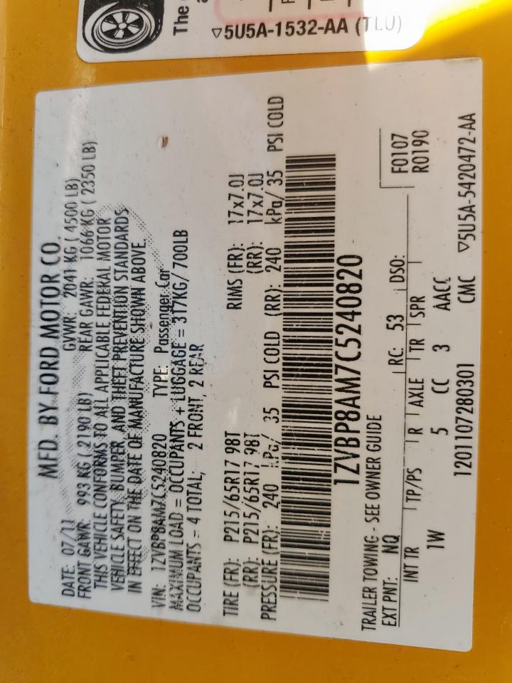 2012 Ford Mustang VIN: 1ZVBP8AM7C5240820 Lot: 90251655