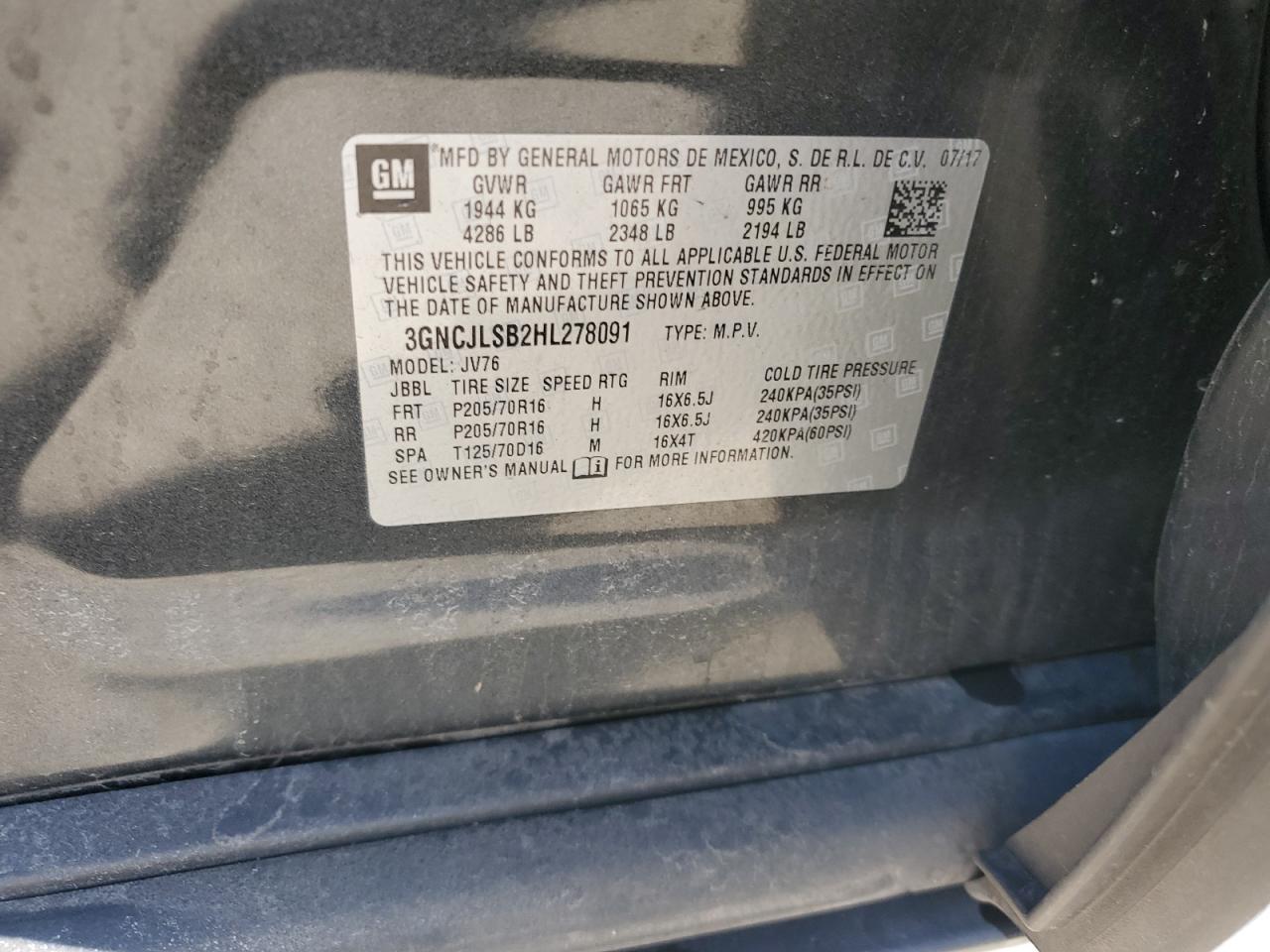 2017 Chevrolet Trax 1Lt VIN: 3GNCJLSB2HL278091 Lot: 89549485