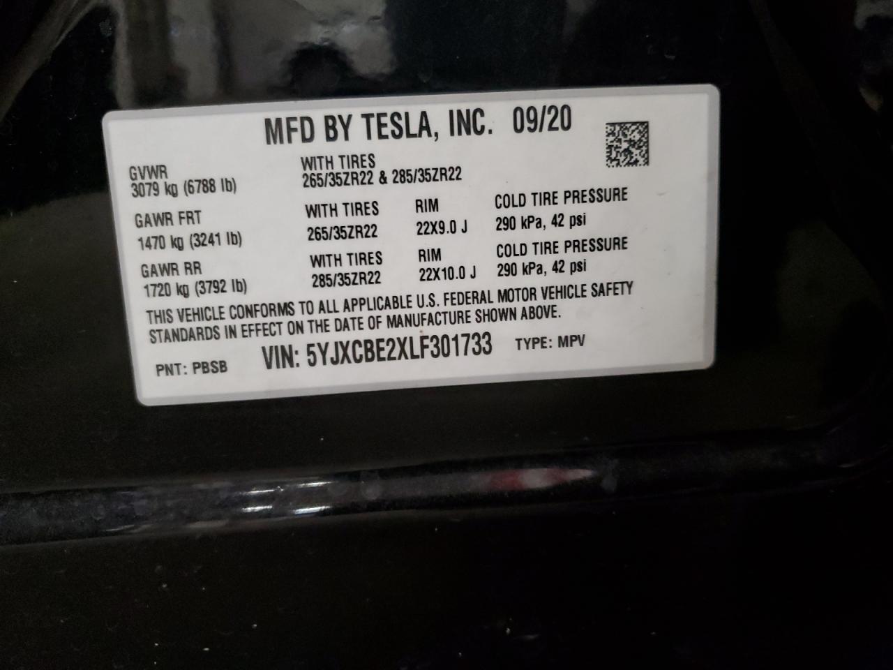 2020 Tesla Model X VIN: 5YJXCBE2XLF301733 Lot: 90254305