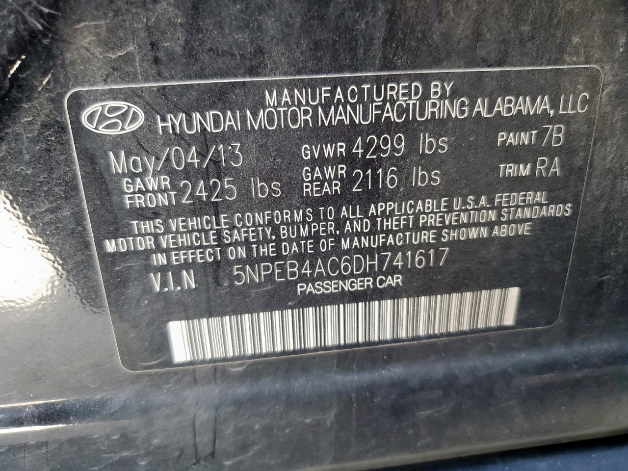 2013 Hyundai Sonata Gls VIN: 5NPEB4AC6DH741617 Lot: 85000525