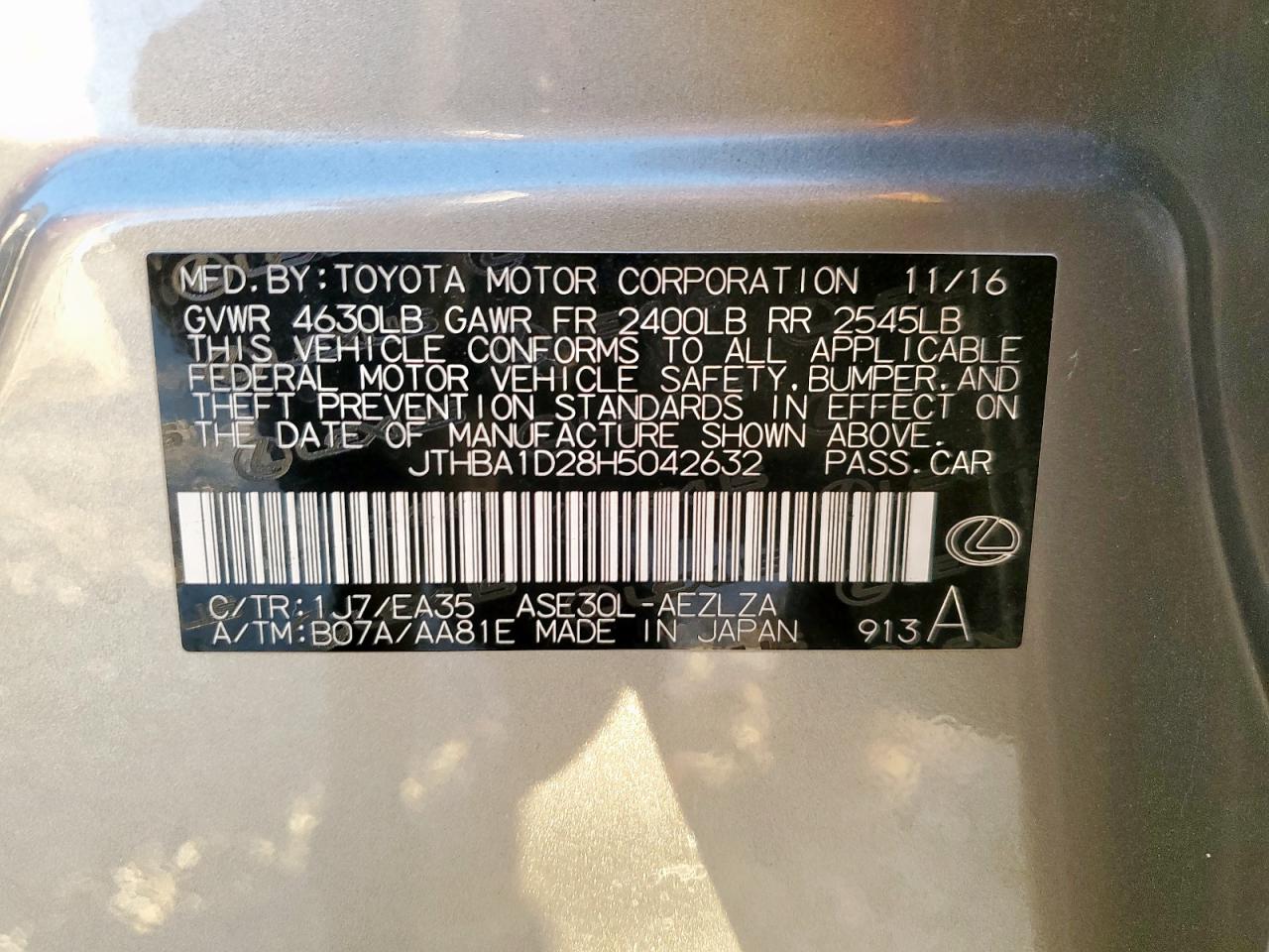 2017 Lexus Is 200T VIN: JTHBA1D28H5042632 Lot: 90881565