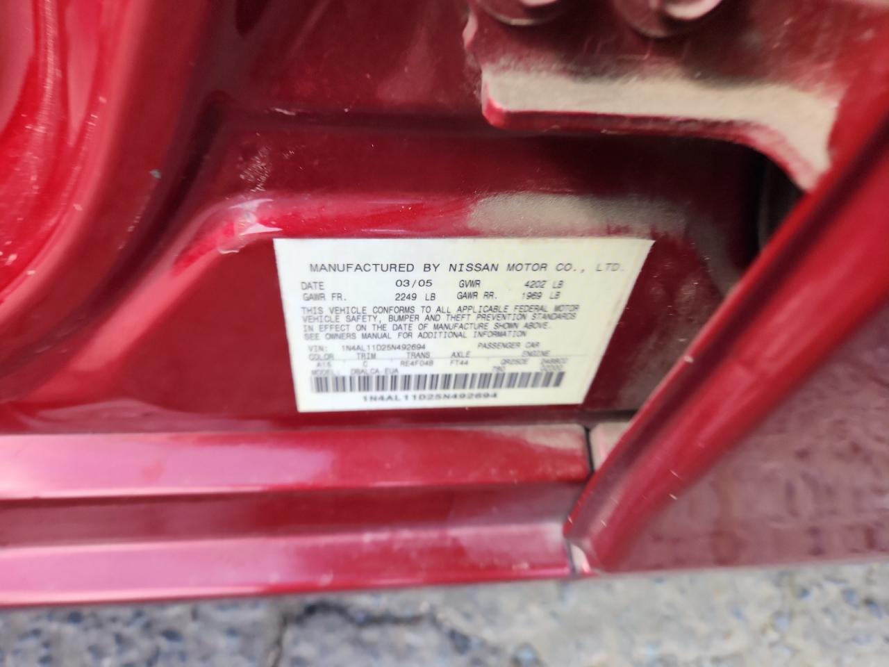 2005 Nissan Altima S VIN: 1N4AL11D25N492694 Lot: 86116115