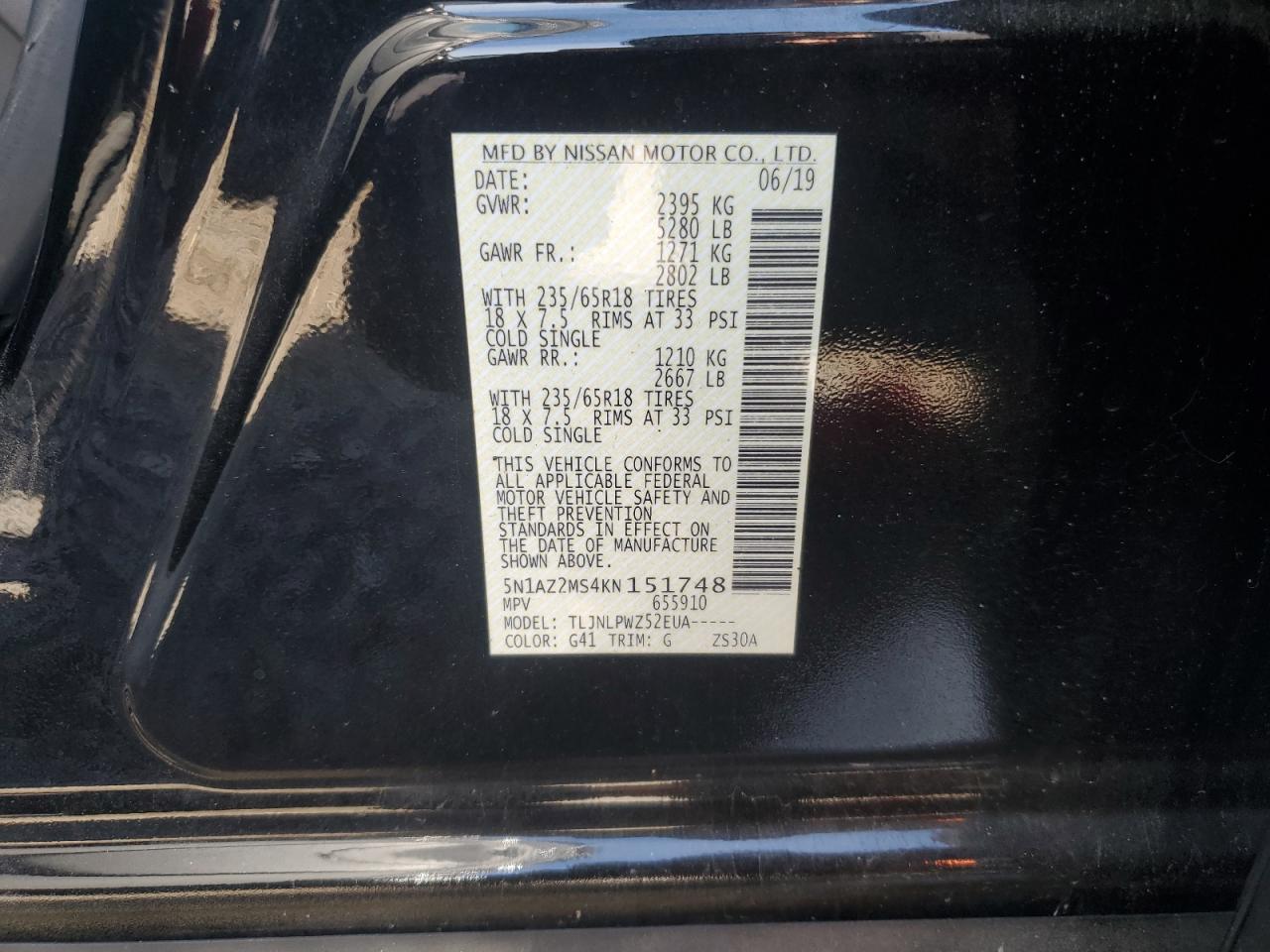 2019 Nissan Murano S VIN: 5N1AZ2MS4KN151748 Lot: 81420655