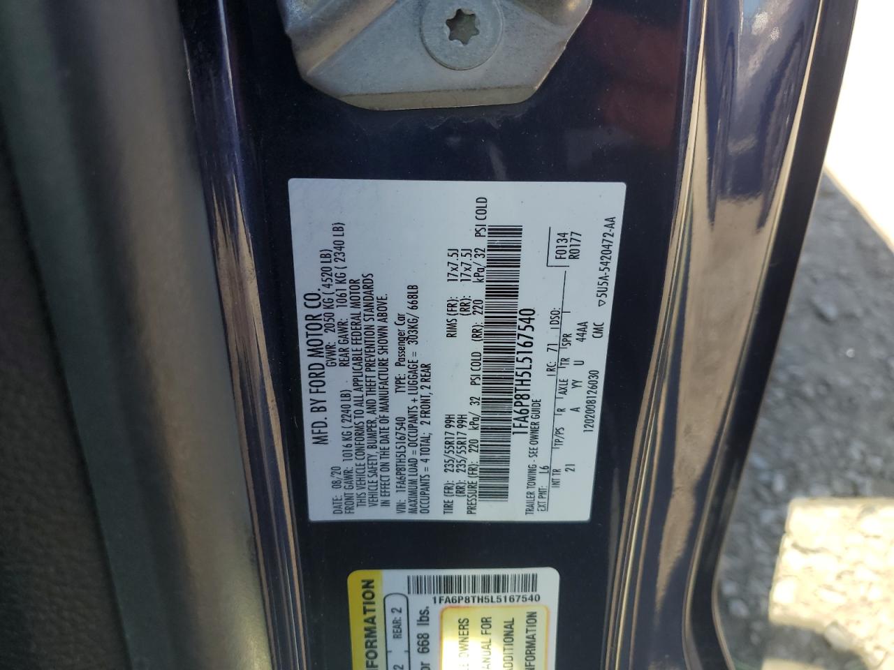 2020 Ford Mustang VIN: 1FA6P8TH5L5167540 Lot: 90127715