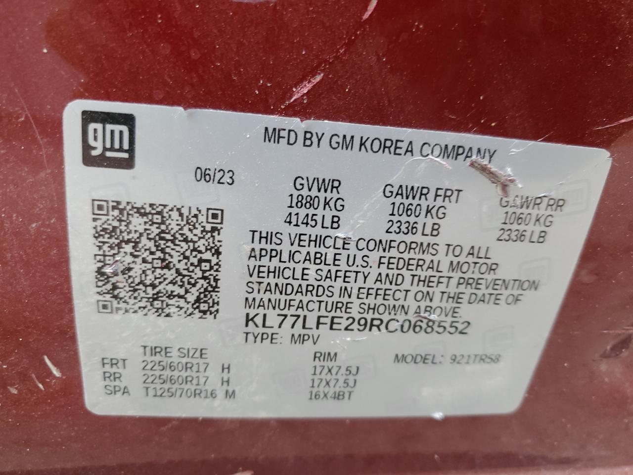 2024 Chevrolet Trax Ls VIN: KL77LFE29RC068552 Lot: 86182205