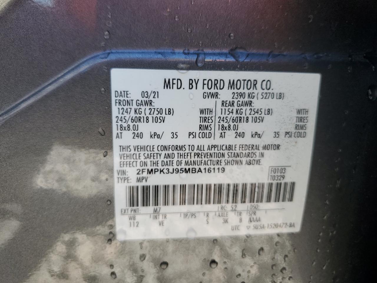 2021 Ford Edge Sel VIN: 2FMPK3J95MBA16119 Lot: 86632005