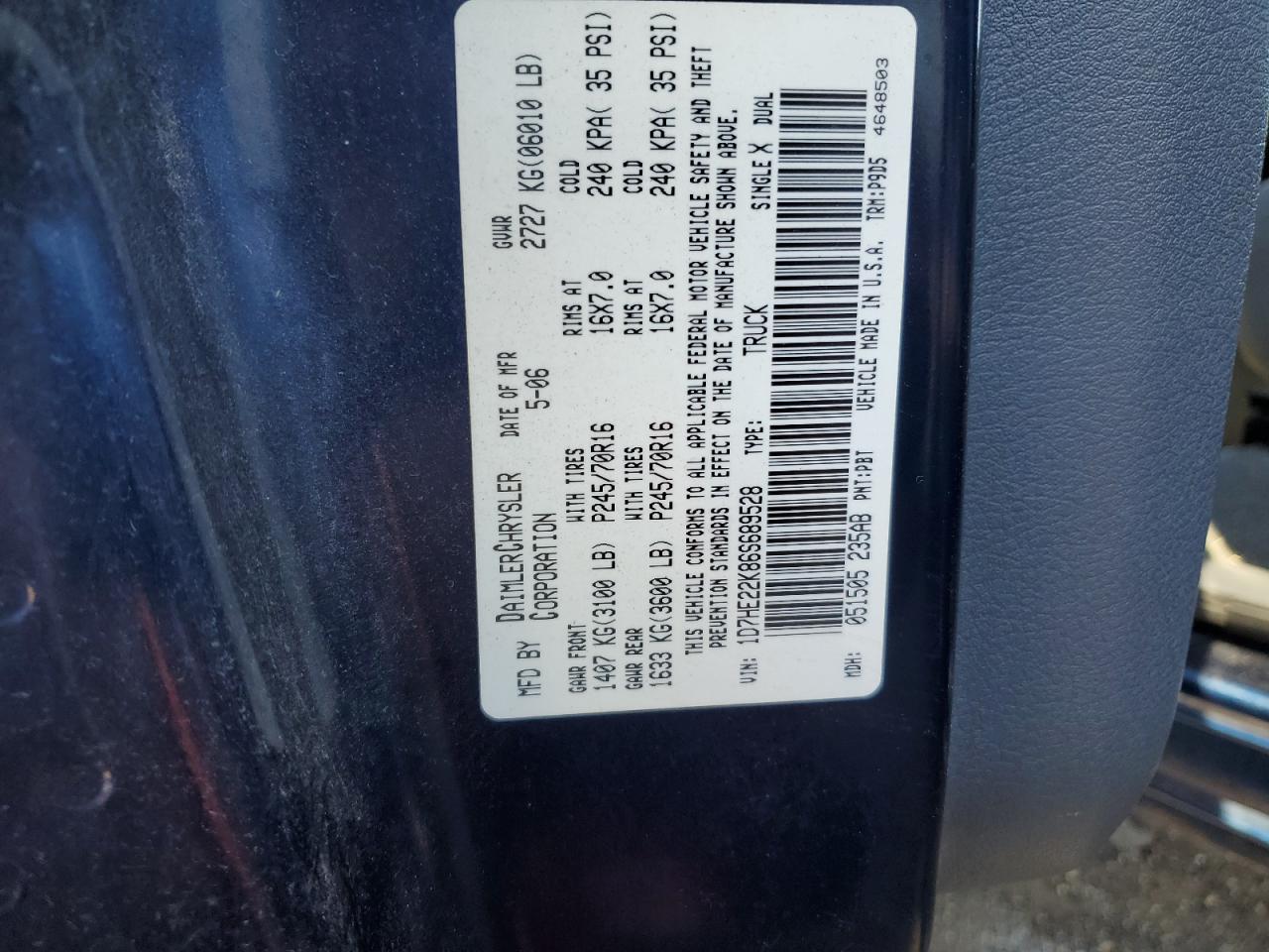 2006 Dodge Dakota St VIN: 1D7HE22K86S689528 Lot: 85848295